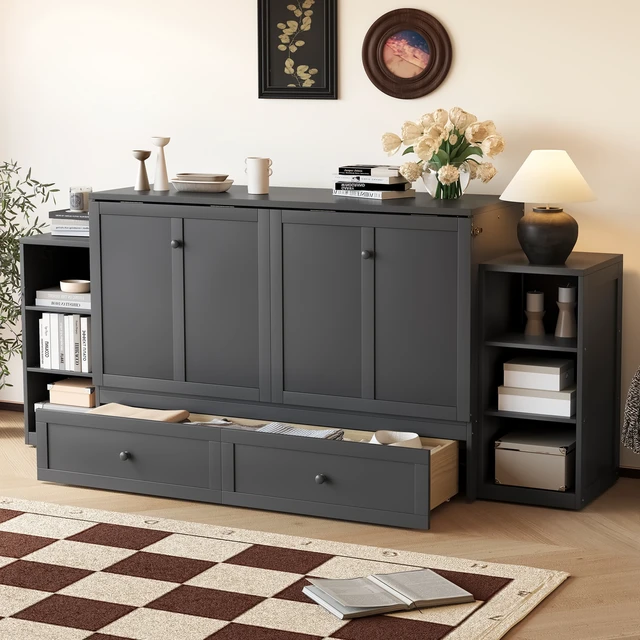 Alt view image 3 of 7 - Queen Size Murphy Bed with Spacious Storage Drawers and Shelves, Guest Compact Bedrooms, Dark Gray, MDF, Pine