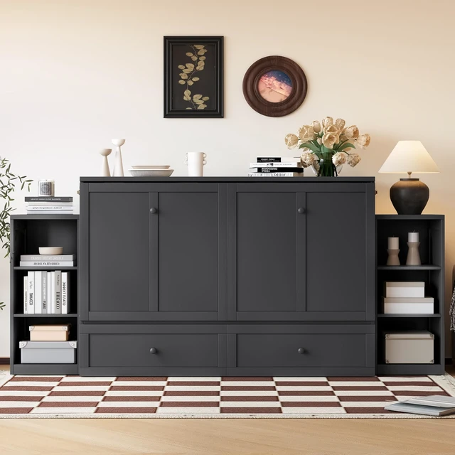 Main image of Queen Size Murphy Bed with Spacious Storage Drawers and Shelves, Guest Compact Bedrooms, Dark Gray, MDF, Pine