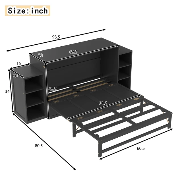 Alt view image 4 of 7 - Queen Size Murphy Bed with Spacious Storage Drawers and Shelves, Guest Compact Bedrooms, Dark Gray, MDF, Pine