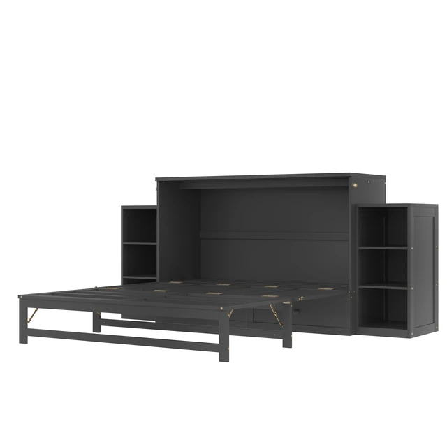 Alt view image 5 of 7 - Queen Size Murphy Bed with Spacious Storage Drawers and Shelves, Guest Compact Bedrooms, Dark Gray, MDF, Pine