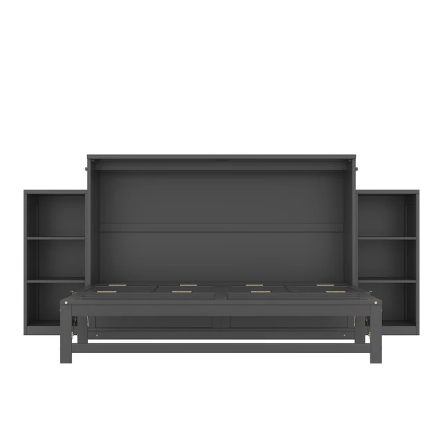 Alt view image 6 of 7 - Queen Size Murphy Bed with Spacious Storage Drawers and Shelves, Guest Compact Bedrooms, Dark Gray, MDF, Pine