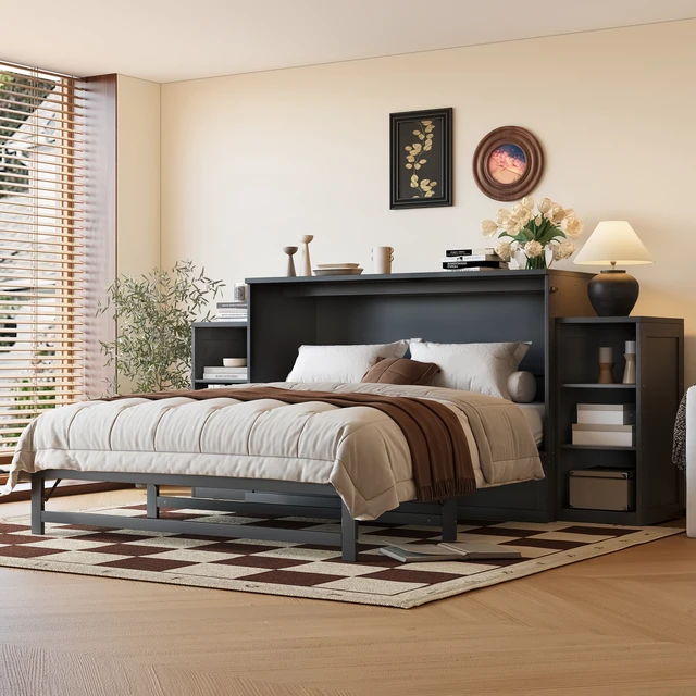 Alt view image 2 of 7 - Queen Size Murphy Bed with Spacious Storage Drawers and Shelves, Guest Compact Bedrooms, Dark Gray, MDF, Pine