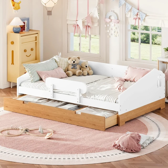Main image of Full Size Design Floor Bed with Large Storage Drawers and Safety Guardrails, Floor Bed Frame with Slats for Kids Girls