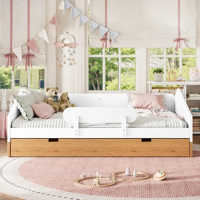 Alt view image 3 of 7 - Full Size Design Floor Bed with Large Storage Drawers and Safety Guardrails, Floor Bed Frame with Slats for Kids Girls