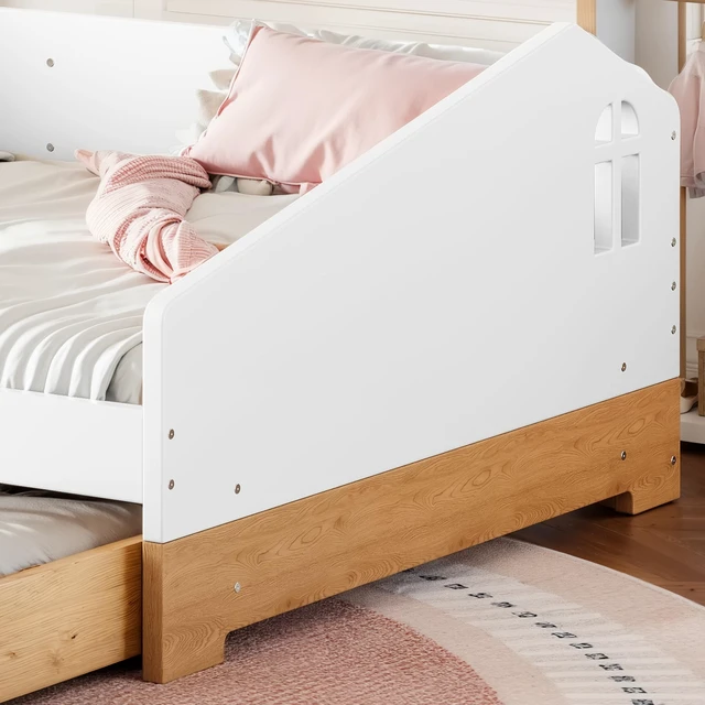 Alt view image 5 of 7 - Full Size Design Floor Bed with Large Storage Drawers and Safety Guardrails, Floor Bed Frame with Slats for Kids Girls
