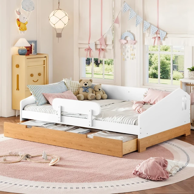 Alt view image 2 of 7 - Full Size Design Floor Bed with Large Storage Drawers and Safety Guardrails, Floor Bed Frame with Slats for Kids Girls