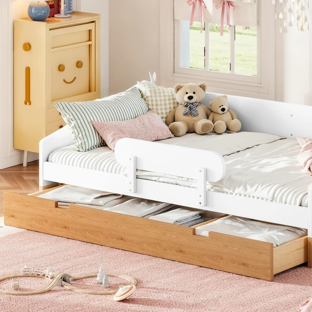 Alt view image 4 of 7 - Full Size Design Floor Bed with Large Storage Drawers and Safety Guardrails, Floor Bed Frame with Slats for Kids Girls