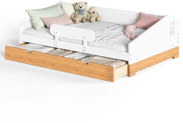 Alt view image 7 of 7 - Full Size Design Floor Bed with Large Storage Drawers and Safety Guardrails, Floor Bed Frame with Slats for Kids Girls