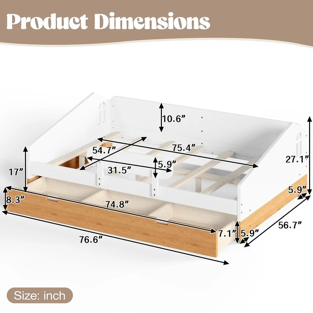 Alt view image 6 of 7 - Full Size Design Floor Bed with Large Storage Drawers and Safety Guardrails, Floor Bed Frame with Slats for Kids Girls