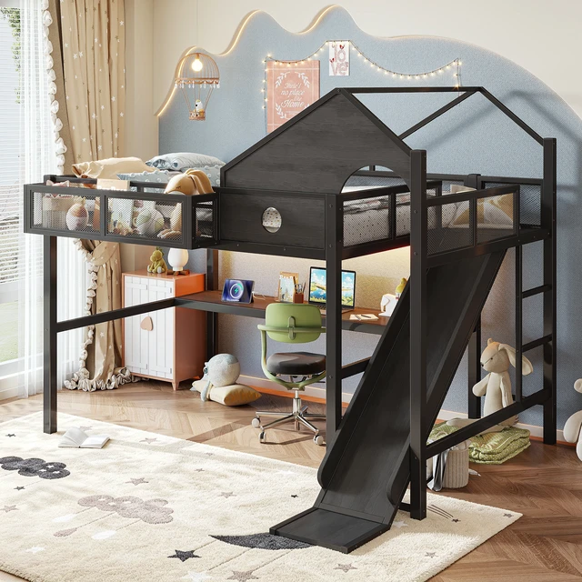 Alt view image 2 of 7 - Full Size Multifunctional Loft Bed with Slide, Desk and Storage Shelves Metal Loft Bed Frame with USB Ports and LED