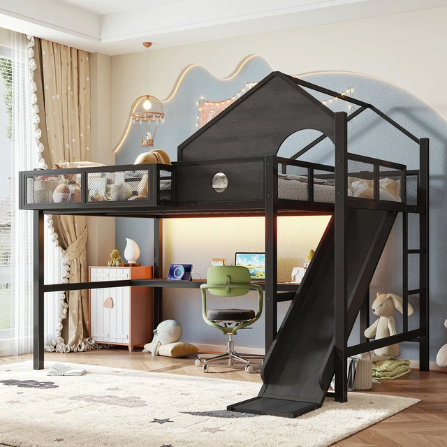 Alt view image 3 of 7 - Full Size Multifunctional Loft Bed with Slide, Desk and Storage Shelves Metal Loft Bed Frame with USB Ports and LED