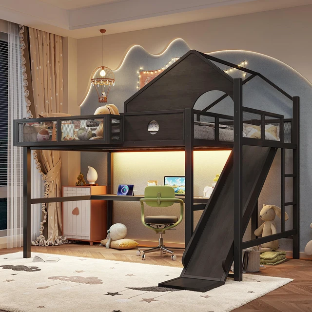 Alt view image 5 of 7 - Full Size Multifunctional Loft Bed with Slide, Desk and Storage Shelves Metal Loft Bed Frame with USB Ports and LED
