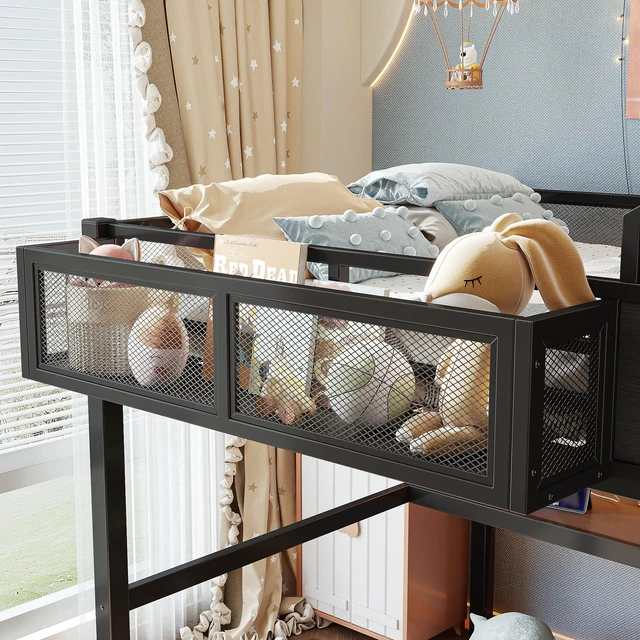 Alt view image 7 of 7 - Full Size Multifunctional Loft Bed with Slide, Desk and Storage Shelves Metal Loft Bed Frame with USB Ports and LED
