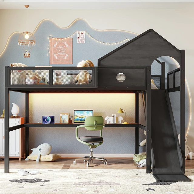 Alt view image 4 of 7 - Full Size Multifunctional Loft Bed with Slide, Desk and Storage Shelves Metal Loft Bed Frame with USB Ports and LED