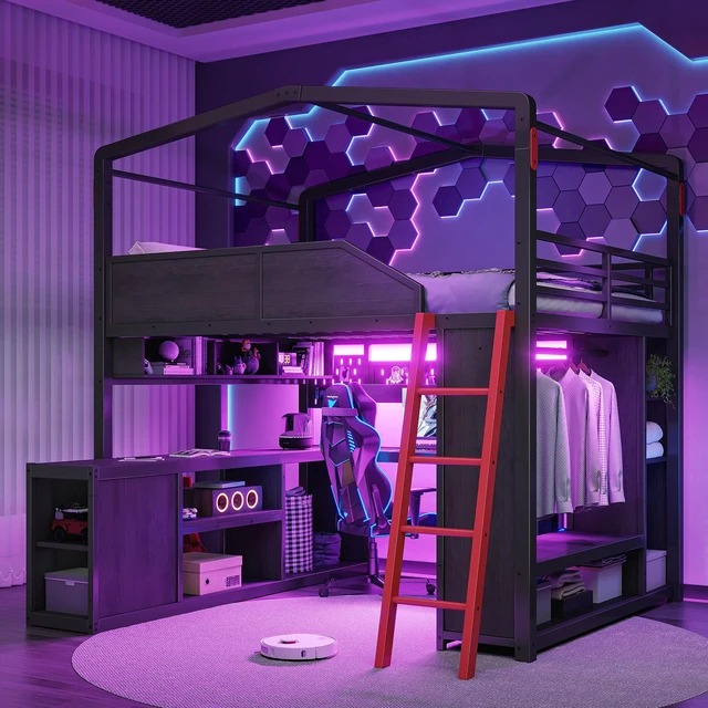 Main image of Full Size Gaming Loft Bed with Desk and LED Lights, Metal Loft Bed Frame with USB Ports Design Closet and Holes Panel