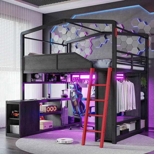 Alt view image 5 of 7 - Full Size Gaming Loft Bed with Desk and LED Lights, Metal Loft Bed Frame with USB Ports Design Closet and Holes Panel