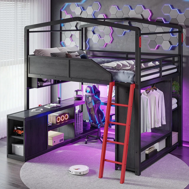 Alt view image 2 of 7 - Full Size Gaming Loft Bed with Desk and LED Lights, Metal Loft Bed Frame with USB Ports Design Closet and Holes Panel