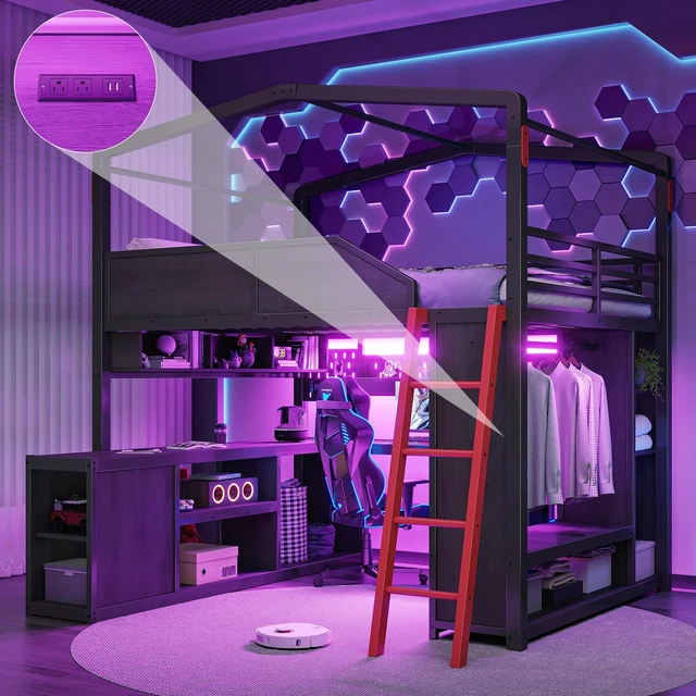 Alt view image 3 of 7 - Full Size Gaming Loft Bed with Desk and LED Lights, Metal Loft Bed Frame with USB Ports Design Closet and Holes Panel