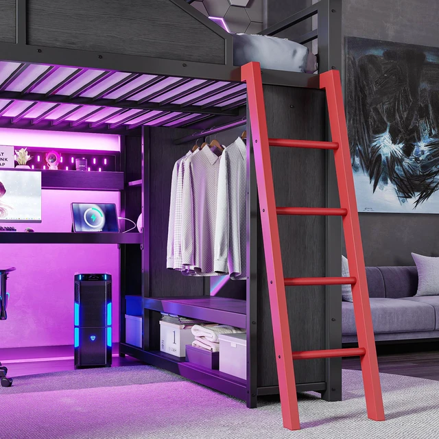 Alt view image 7 of 7 - Full Size Gaming Loft Bed with Desk and LED Lights, Metal Loft Bed Frame with USB Ports Design Closet and Holes Panel