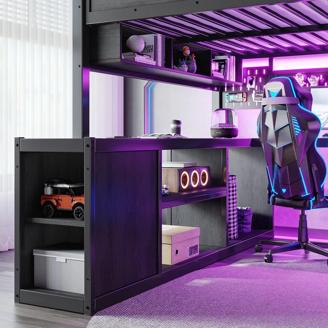 Alt view image 6 of 7 - Full Size Gaming Loft Bed with Desk and LED Lights, Metal Loft Bed Frame with USB Ports Design Closet and Holes Panel