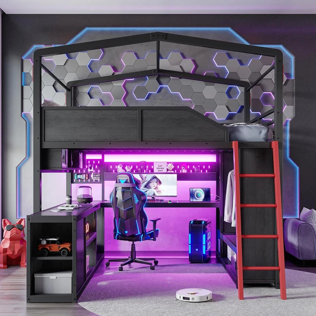Alt view image 4 of 7 - Full Size Gaming Loft Bed with Desk and LED Lights, Metal Loft Bed Frame with USB Ports Design Closet and Holes Panel