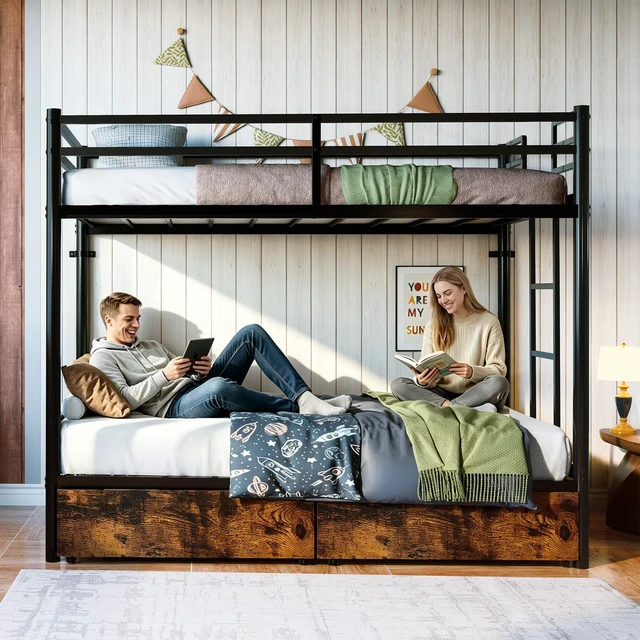 Alt view image 2 of 7 - Twin Over Twin Metal Bunk Bed with Storage Drawers, Heavy Duty Bunk Bed Frame with 11.3 Inch Safety Guardrail