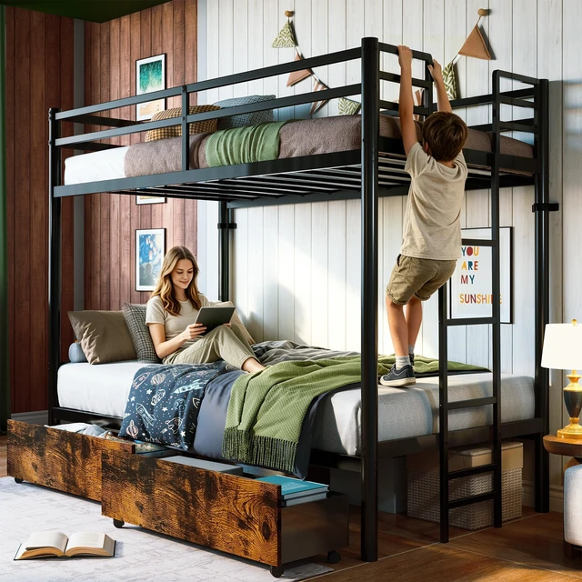 Main image of Twin Over Twin Metal Bunk Bed with Storage Drawers, Heavy Duty Bunk Bed Frame with 11.3 Inch Safety Guardrail