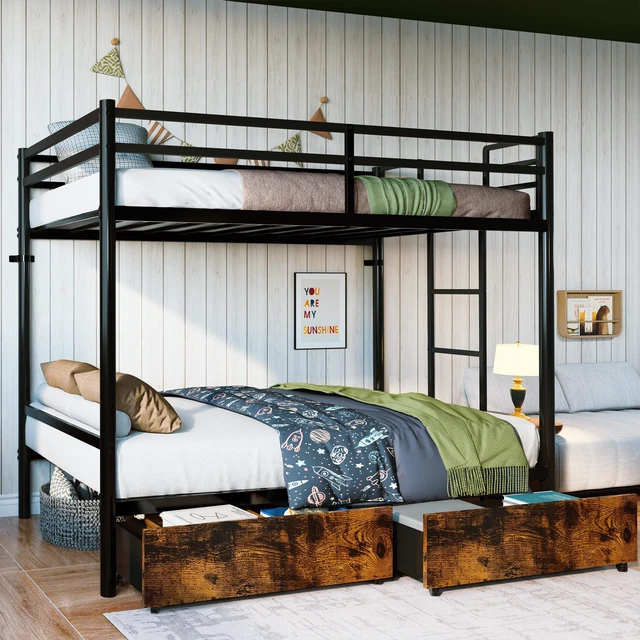 Alt view image 5 of 7 - Twin Over Twin Metal Bunk Bed with Storage Drawers, Heavy Duty Bunk Bed Frame with 11.3 Inch Safety Guardrail