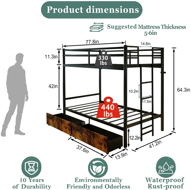 Alt view image 3 of 7 - Twin Over Twin Metal Bunk Bed with Storage Drawers, Heavy Duty Bunk Bed Frame with 11.3 Inch Safety Guardrail