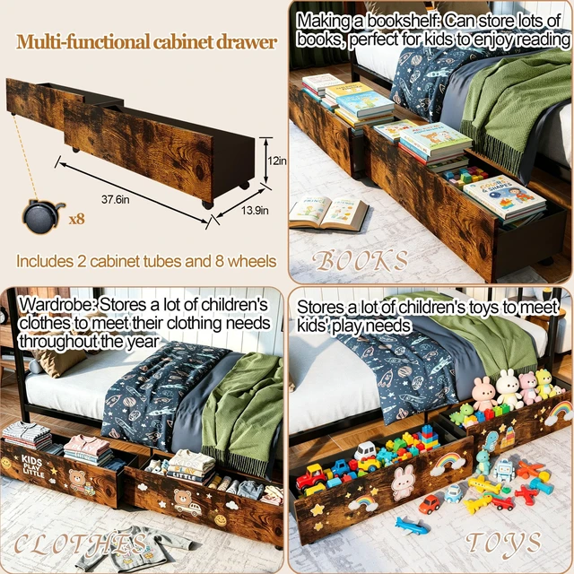 Alt view image 4 of 7 - Twin Over Twin Metal Bunk Bed with Storage Drawers, Heavy Duty Bunk Bed Frame with 11.3 Inch Safety Guardrail