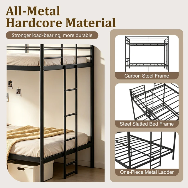 Alt view image 3 of 7 - Full Over Full Metal Bunk Bed, Heavy Duty Bunk Bed Frame with High Weight Capacity 770 LBS Safety Guardrail
