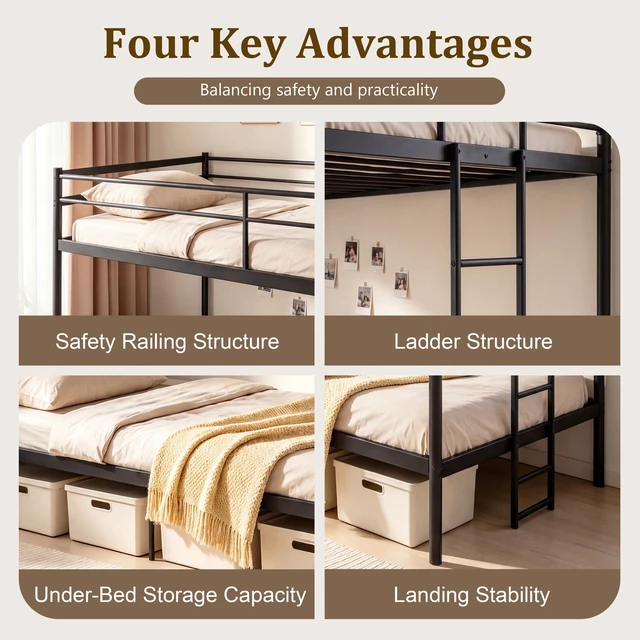 Alt view image 4 of 7 - Full Over Full Metal Bunk Bed, Heavy Duty Bunk Bed Frame with High Weight Capacity 770 LBS Safety Guardrail