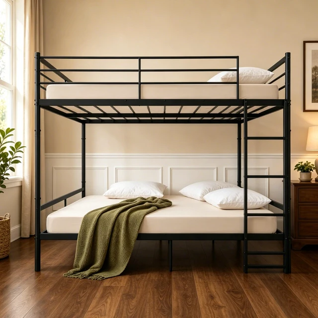 Main image of Queen Over Queen Bunk Bed Metal, Heavy Duty Metal Bunk Bed with Full Guardrails and Front Ladder Convertible Into