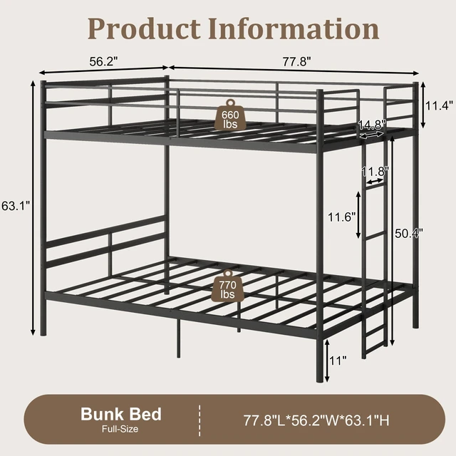 Alt view image 2 of 7 - Full Over Full Metal Bunk Bed, Heavy Duty Bunk Bed Frame with High Weight Capacity 770 LBS Safety Guardrail