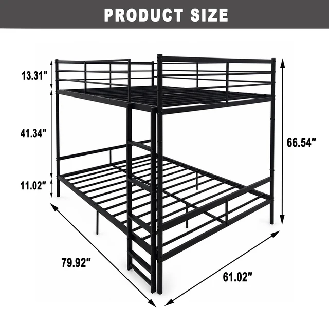 Alt view image 2 of 7 - Queen Over Queen Bunk Bed Metal, Heavy Duty Metal Bunk Bed with Full Guardrails and Front Ladder Convertible Into