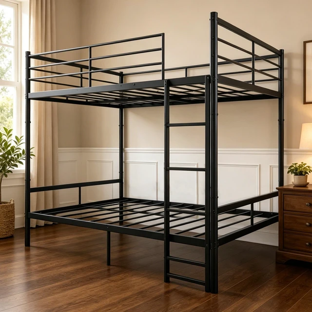 Alt view image 5 of 7 - Queen Over Queen Bunk Bed Metal, Heavy Duty Metal Bunk Bed with Full Guardrails and Front Ladder Convertible Into