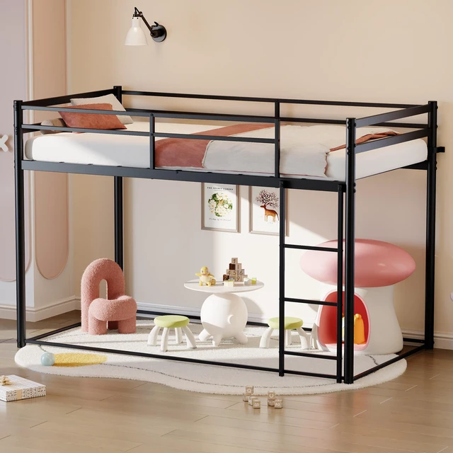 Main image of Twin Low Loft Bed for Kids and Teens, Heavy Duty Metal Frame with 36.3 Inch Under Bed Play Space Cushioned Ladder 10.9