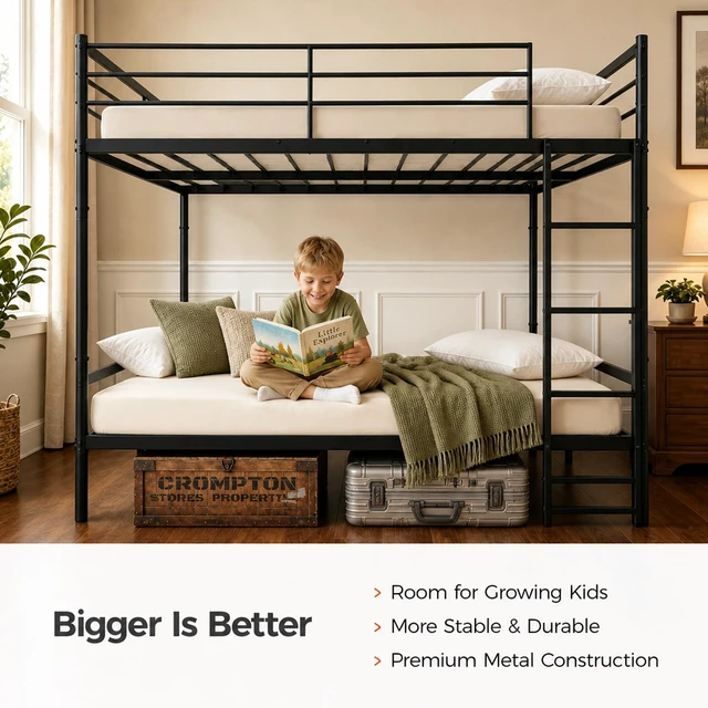 Alt view image 3 of 7 - Queen Over Queen Bunk Bed Metal, Heavy Duty Metal Bunk Bed with Full Guardrails and Front Ladder Convertible Into