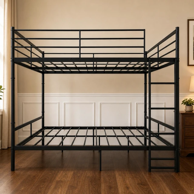 Alt view image 6 of 7 - Queen Over Queen Bunk Bed Metal, Heavy Duty Metal Bunk Bed with Full Guardrails and Front Ladder Convertible Into