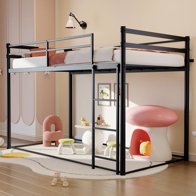 Alt view image 4 of 7 - Twin Low Loft Bed for Kids and Teens, Heavy Duty Metal Frame with 36.3 Inch Under Bed Play Space Cushioned Ladder 10.9