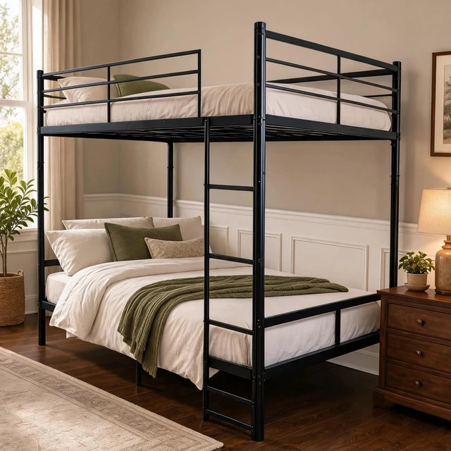 Alt view image 4 of 7 - Queen Over Queen Bunk Bed Metal, Heavy Duty Metal Bunk Bed with Full Guardrails and Front Ladder Convertible Into