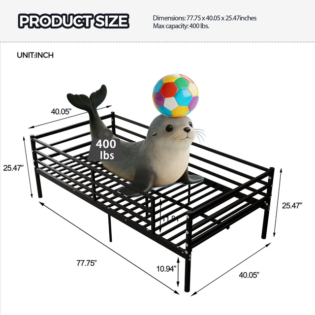Alt view image 2 of 7 - Twin Size Metal Bed Frame for Kids, Low Profile Platform Bed with Surrounding Guardrails and Metal Slats Box Spring