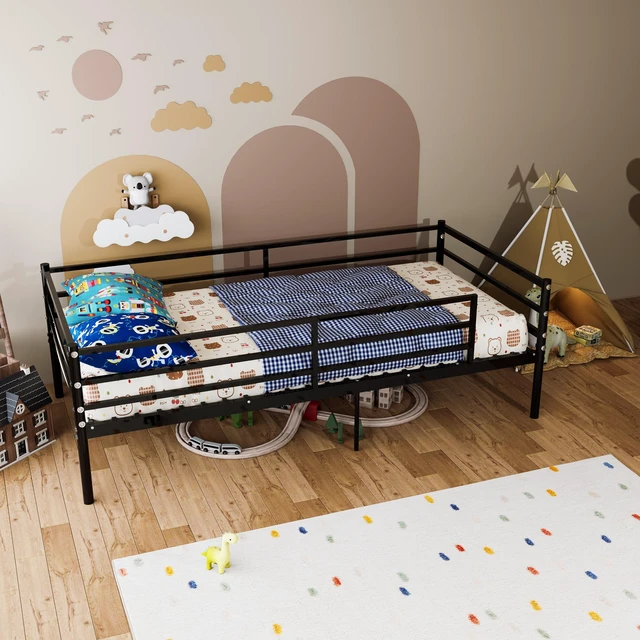 Alt view image 7 of 7 - Twin Size Metal Bed Frame for Kids, Low Profile Platform Bed with Surrounding Guardrails and Metal Slats Box Spring