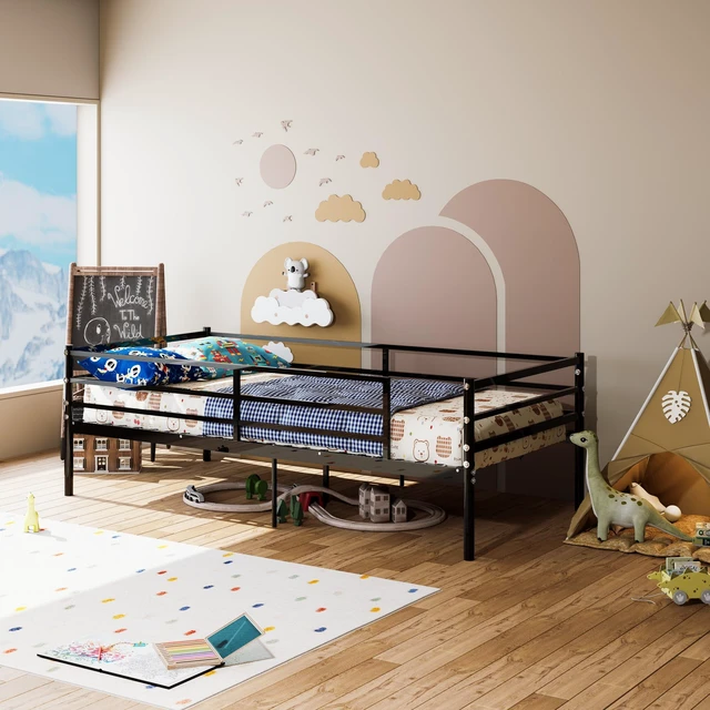 Alt view image 6 of 7 - Twin Size Metal Bed Frame for Kids, Low Profile Platform Bed with Surrounding Guardrails and Metal Slats Box Spring