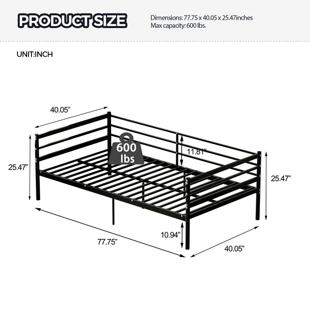 Alt view image 2 of 7 - Twin Metal Bed Frame, Heavy Duty Steel Platform Bed with 11.8 Inch Guardrails 600 lb Capacity 10.94 Inch Under Box