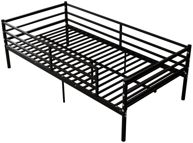 Alt view image 3 of 7 - Twin Size Metal Bed Frame for Kids, Low Profile Platform Bed with Surrounding Guardrails and Metal Slats Box Spring
