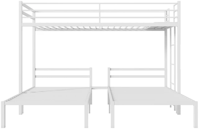 Alt view image 7 of 7 - Triple Bunk Bed Frame Twin Over Twin and Heavy Duty Metal T-Shaped Loft Bed for Kids and Teens Safety Guardrails