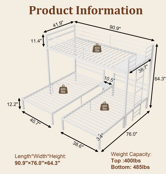 Alt view image 2 of 7 - Triple Bunk Bed Frame Twin Over Twin and Heavy Duty Metal T-Shaped Loft Bed for Kids and Teens Safety Guardrails