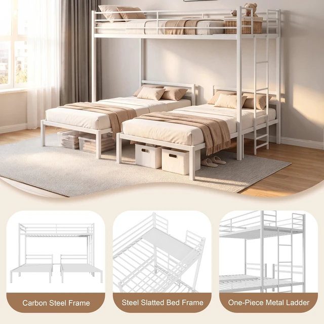 Alt view image 4 of 7 - Triple Bunk Bed Frame Twin Over Twin and Heavy Duty Metal T-Shaped Loft Bed for Kids and Teens Safety Guardrails