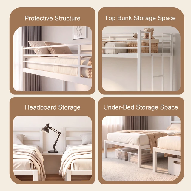 Alt view image 3 of 7 - Triple Bunk Bed Frame Twin Over Twin and Heavy Duty Metal T-Shaped Loft Bed for Kids and Teens Safety Guardrails